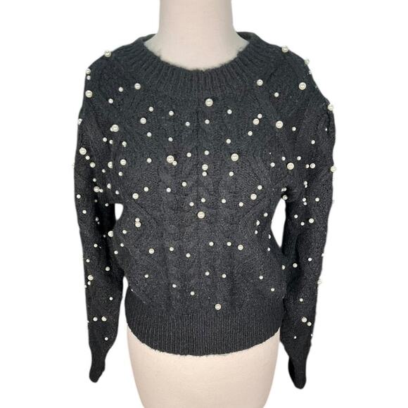 ASTR The Label Crew Neck Black Faux Pearls Knit Sweater Long Sleeve Size Small - Picture 7 of 12
